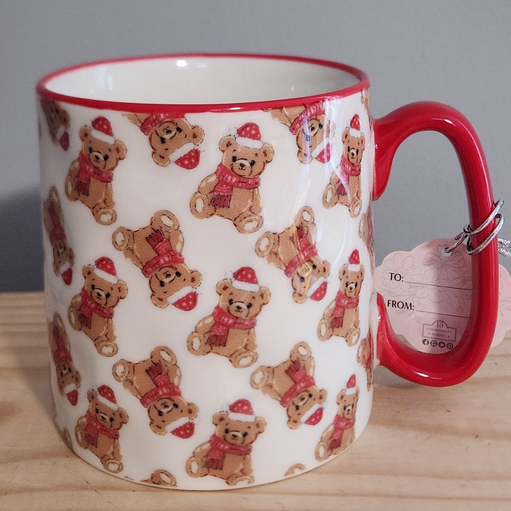 Christmas Santa Hat Teddy Bear Patterned Ceramic Mug NWT